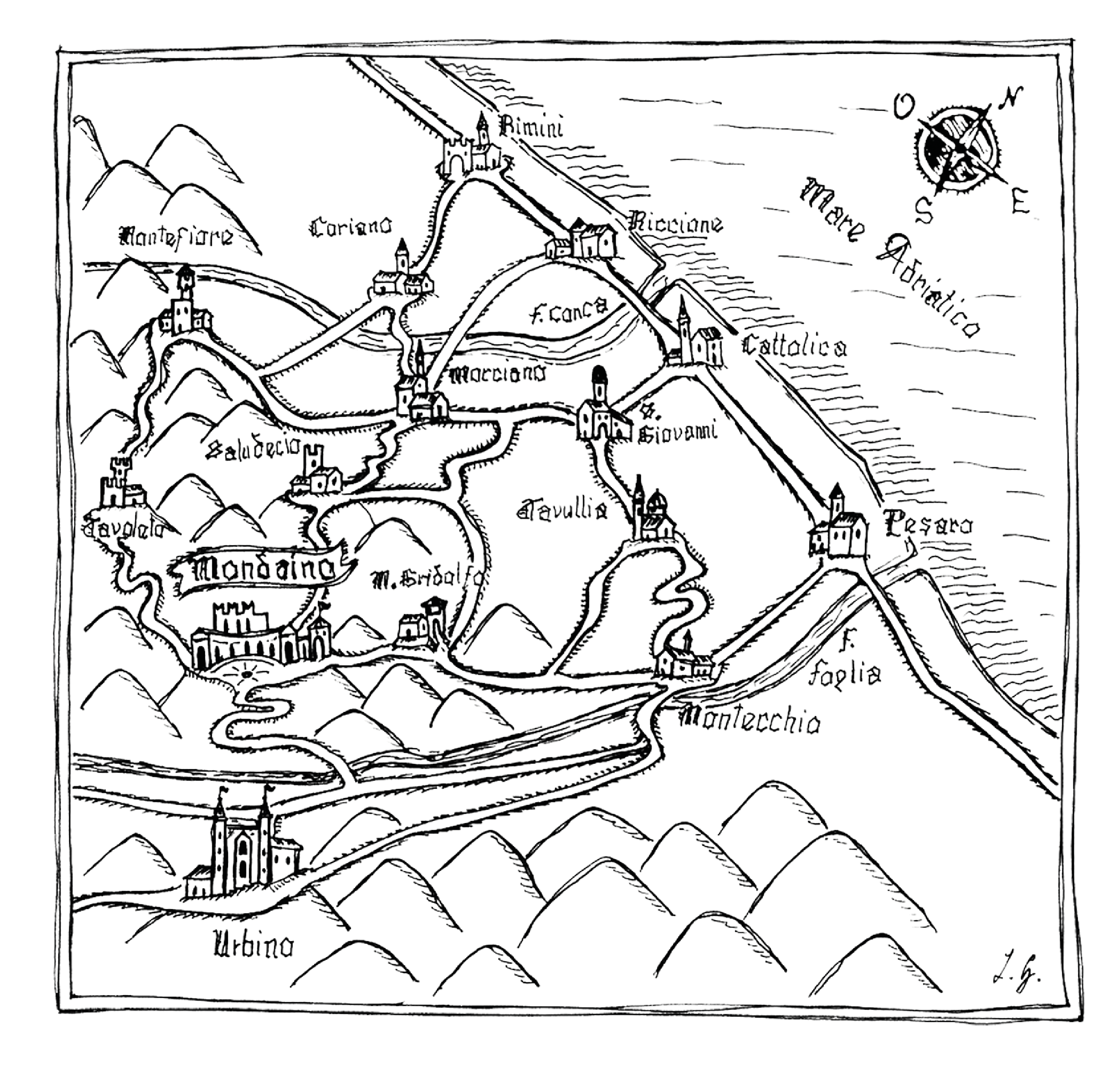 Mappa antica della zona tra Rimini, Pesaro e Urbino con vari castelli e città.