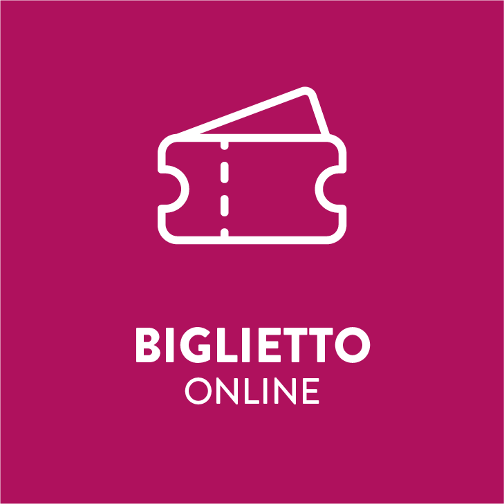 Icona di un biglietto con testo 'Biglietto Online' su sfondo viola.